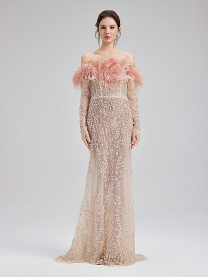 French Feather-Beaded Mermaid Gown