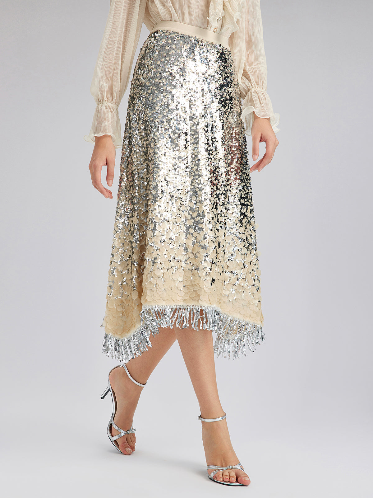 Ombre Sequin Fringe Elastic-Waist A-Line Skirt