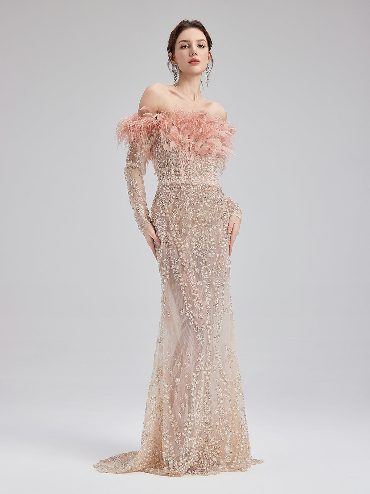 French Feather-Beaded Mermaid Gown