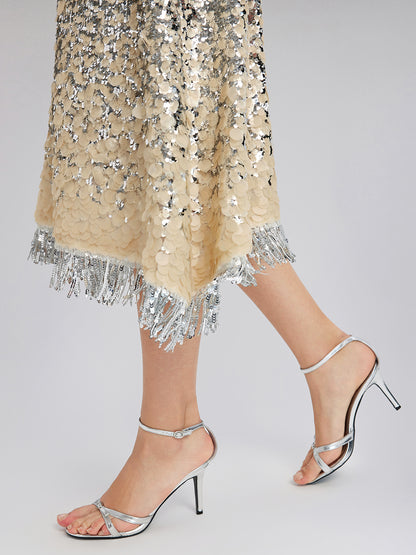 Ombre Sequin Fringe Elastic-Waist A-Line Skirt
