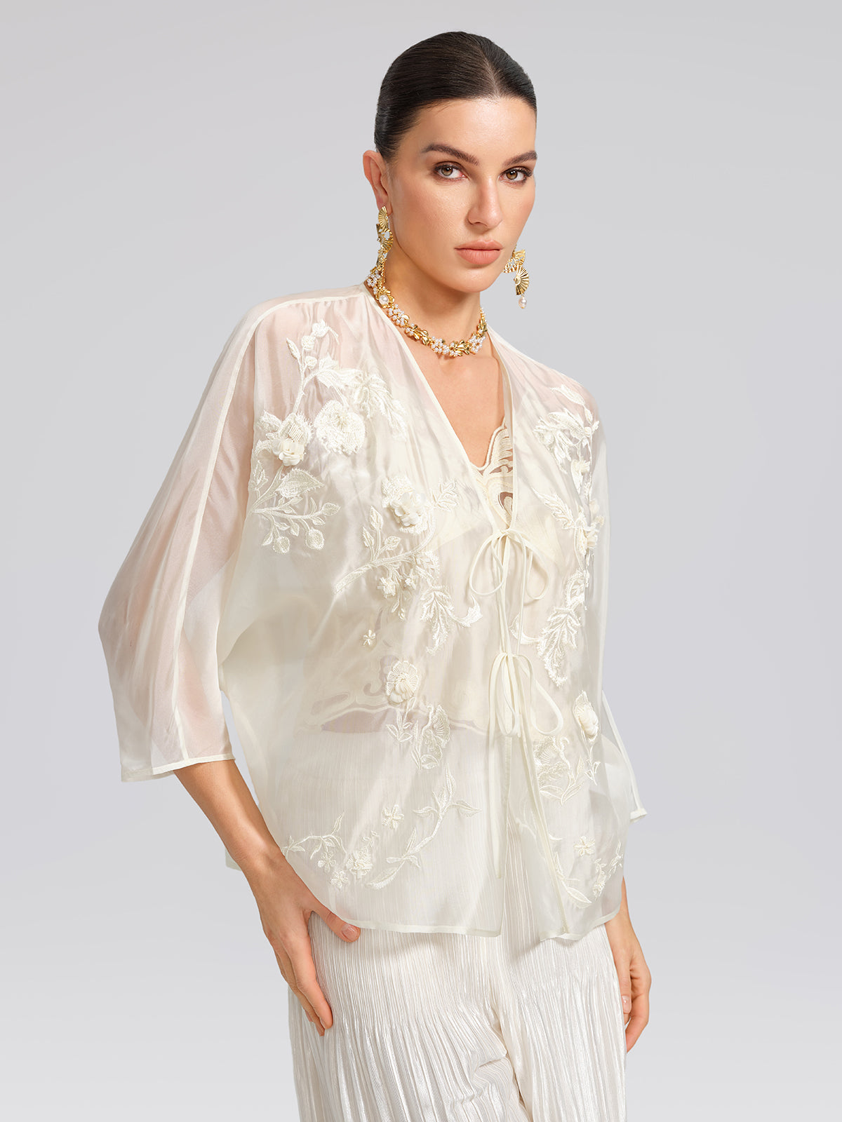 Embroidered Beaded Organza Batwing Shawl