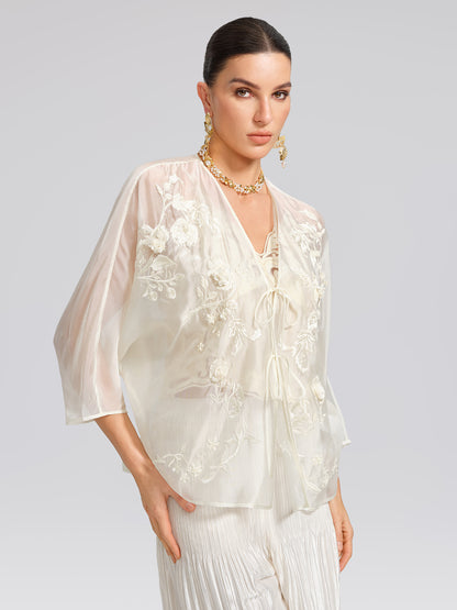 Embroidered Beaded Organza Batwing Shawl