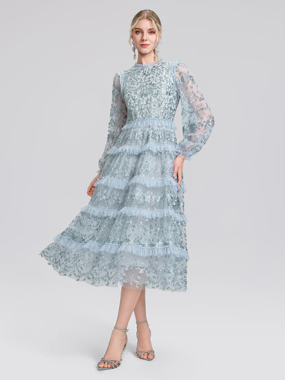 Embroidered Mesh Ruffle Lantern Sleeve Dress