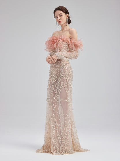 French Feather-Beaded Mermaid Gown