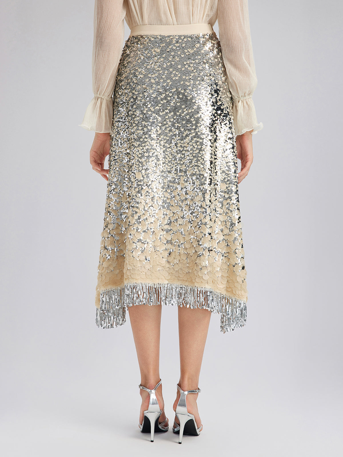 Ombre Sequin Fringe Elastic-Waist A-Line Skirt