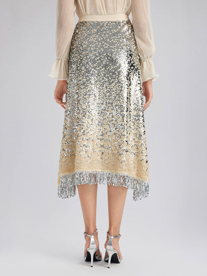 Ombre Sequin Fringe Elastic-Waist A-Line Skirt