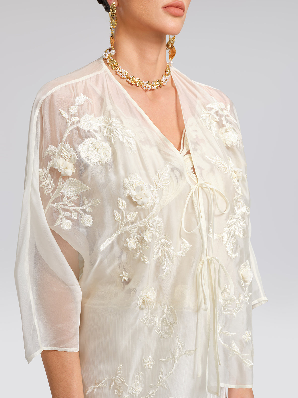 Embroidered Beaded Organza Batwing Shawl