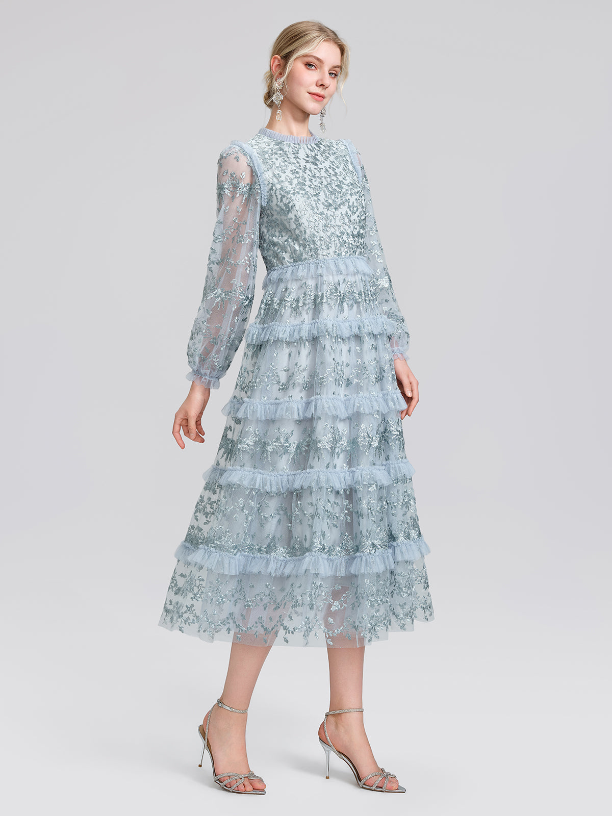 Embroidered Mesh Ruffle Lantern Sleeve Dress