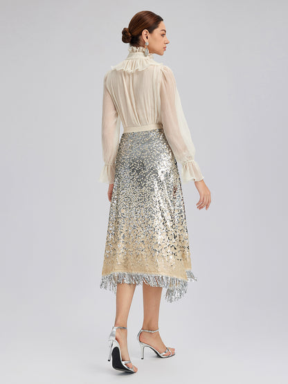 Ombre Sequin Fringe Elastic-Waist A-Line Skirt