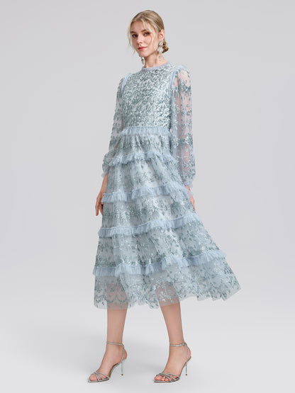 Embroidered Mesh Ruffle Lantern Sleeve Dress