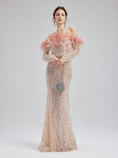 French Feather-Beaded Mermaid Gown