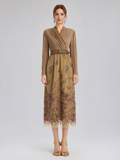 Knit & Tulle Embroidered Dress (Belt Included)