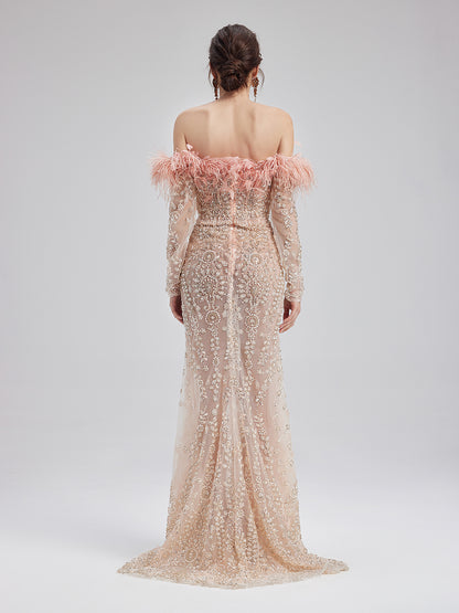 French Feather-Beaded Mermaid Gown