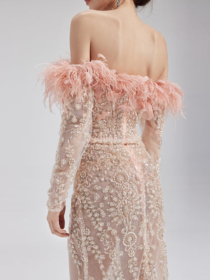 French Feather-Beaded Mermaid Gown