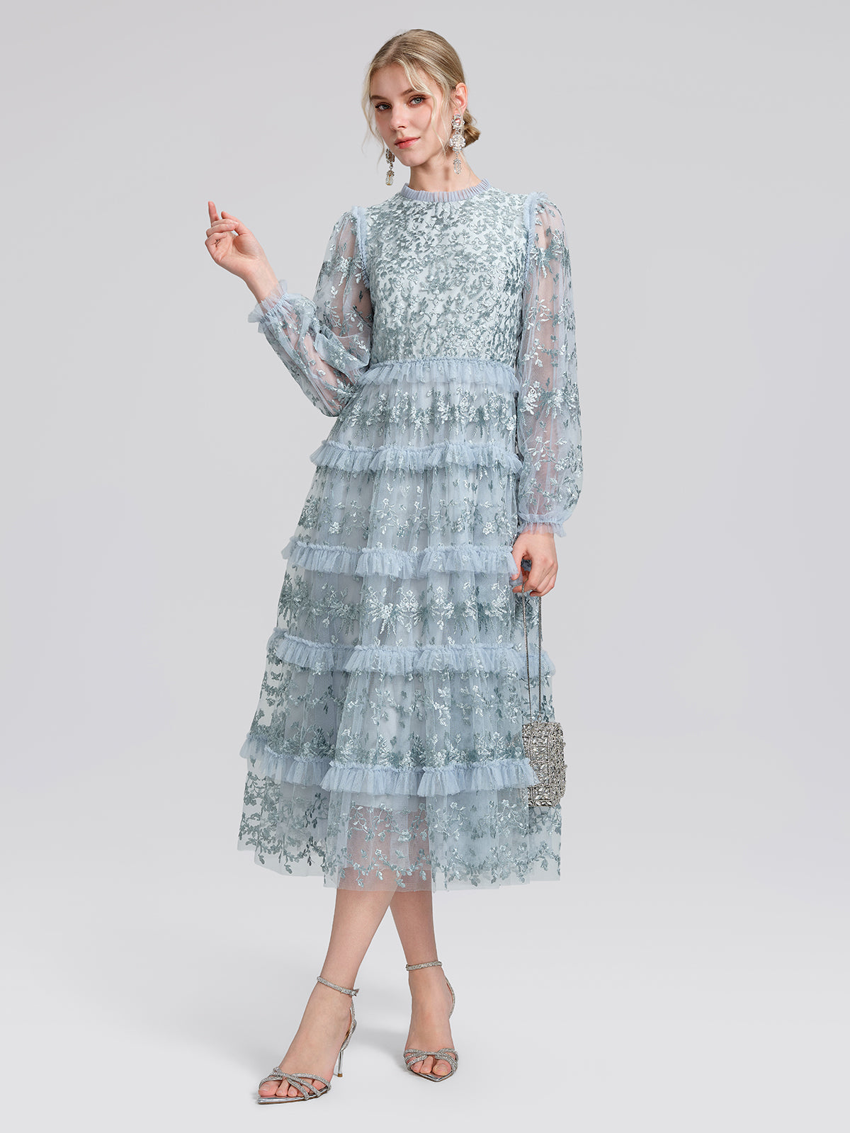 Embroidered Mesh Ruffle Lantern Sleeve Dress
