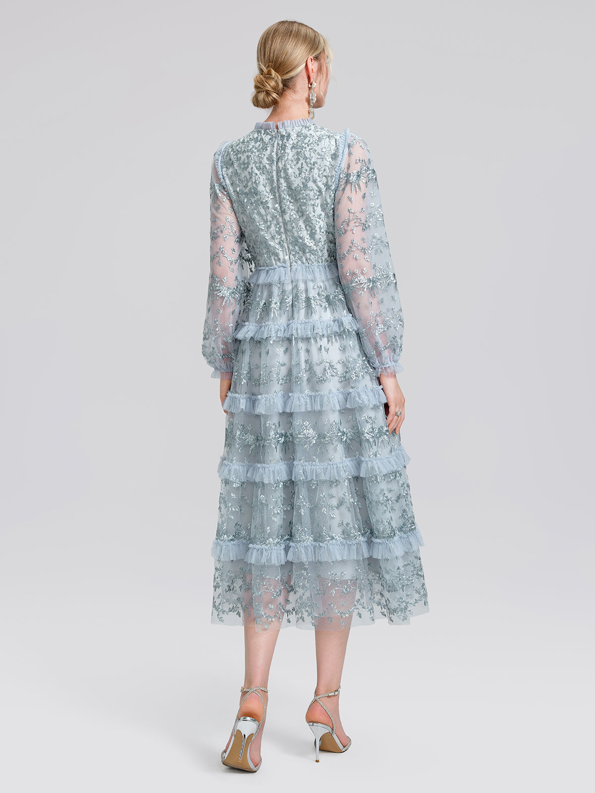 Embroidered Mesh Ruffle Lantern Sleeve Dress