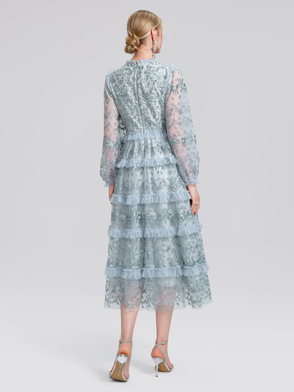 Embroidered Mesh Ruffle Lantern Sleeve Dress
