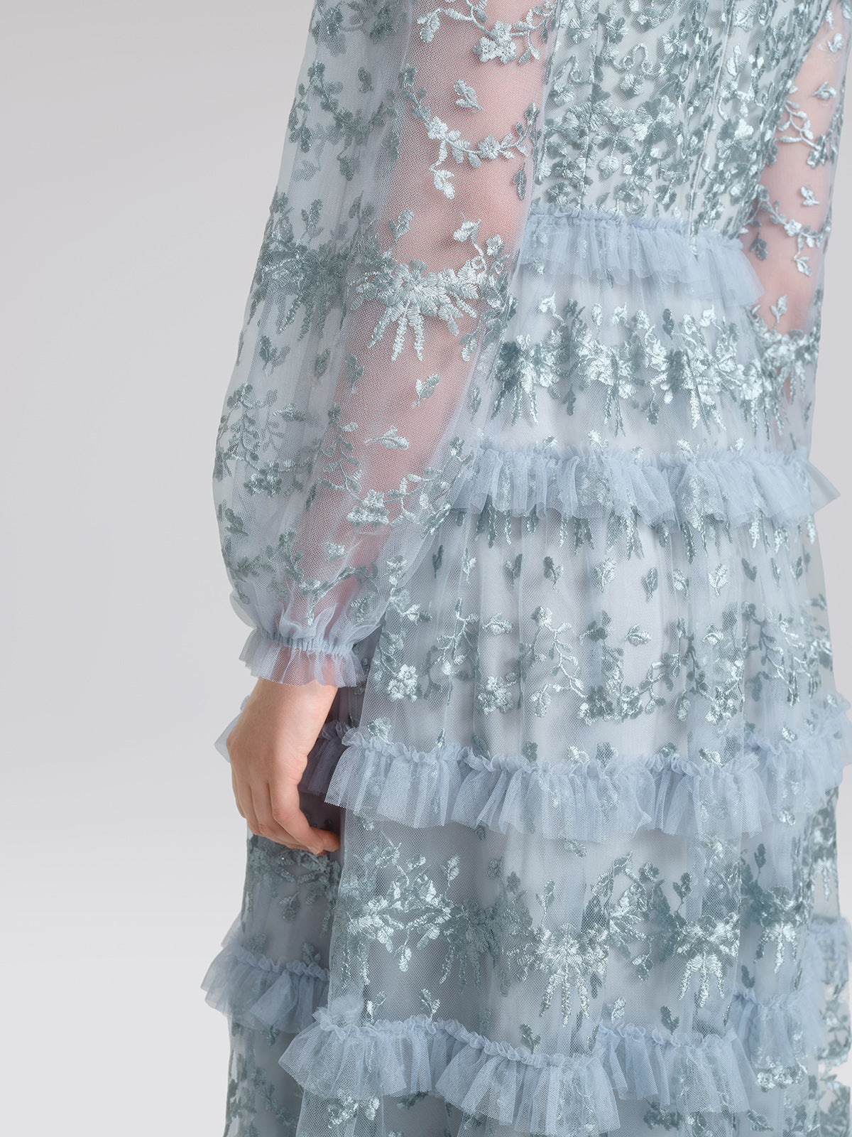 Embroidered Mesh Ruffle Lantern Sleeve Dress