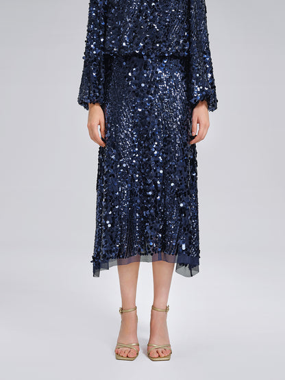 Fish-Scale Sequin Elastic-Waist Skirt