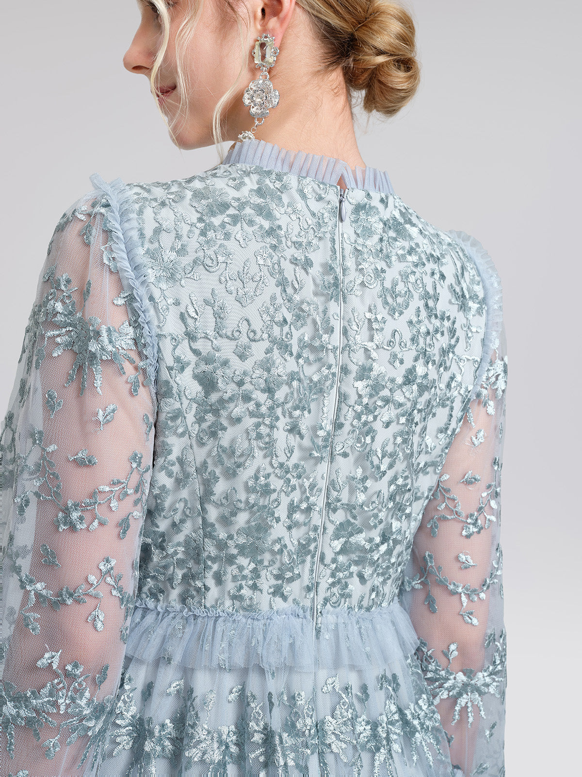 Embroidered Mesh Ruffle Lantern Sleeve Dress