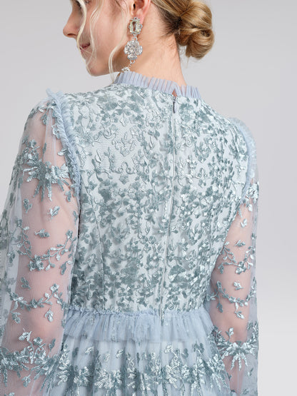 Embroidered Mesh Ruffle Lantern Sleeve Dress