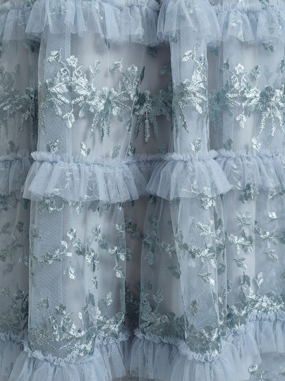 Embroidered Mesh Ruffle Lantern Sleeve Dress
