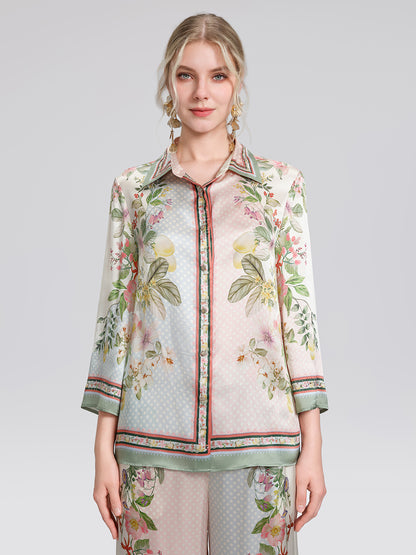 100% Silk Vintage Print Three-Quarter Sleeve Shirt
