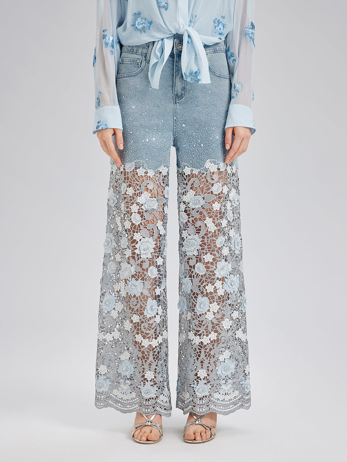 Elegant Rhinestone Lace Denim Jeans