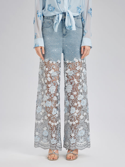 Elegant Rhinestone Lace Denim Jeans