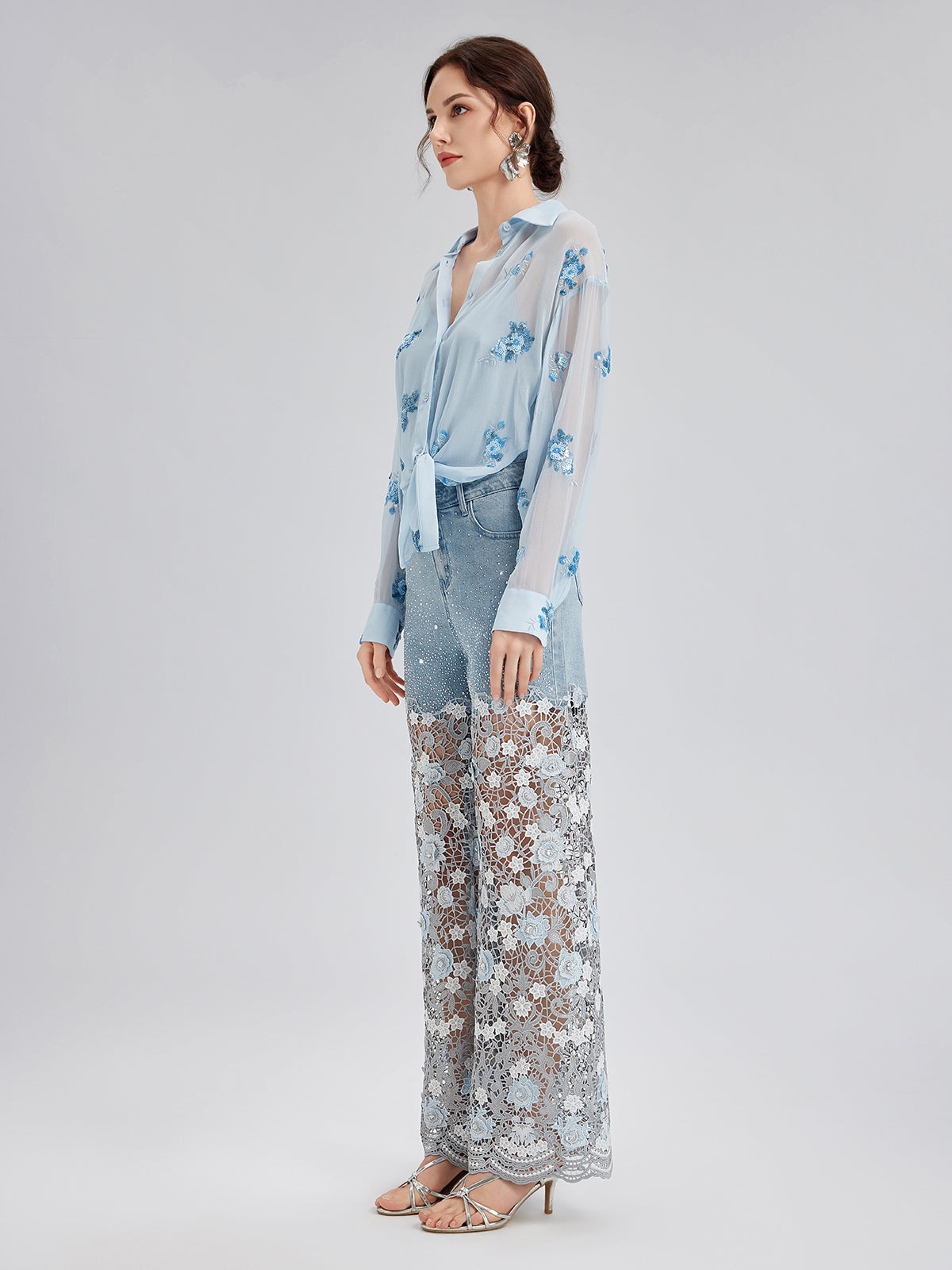 Elegant Rhinestone Lace Denim Jeans