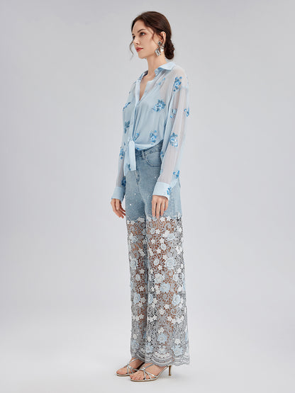 Elegant Rhinestone Lace Denim Jeans