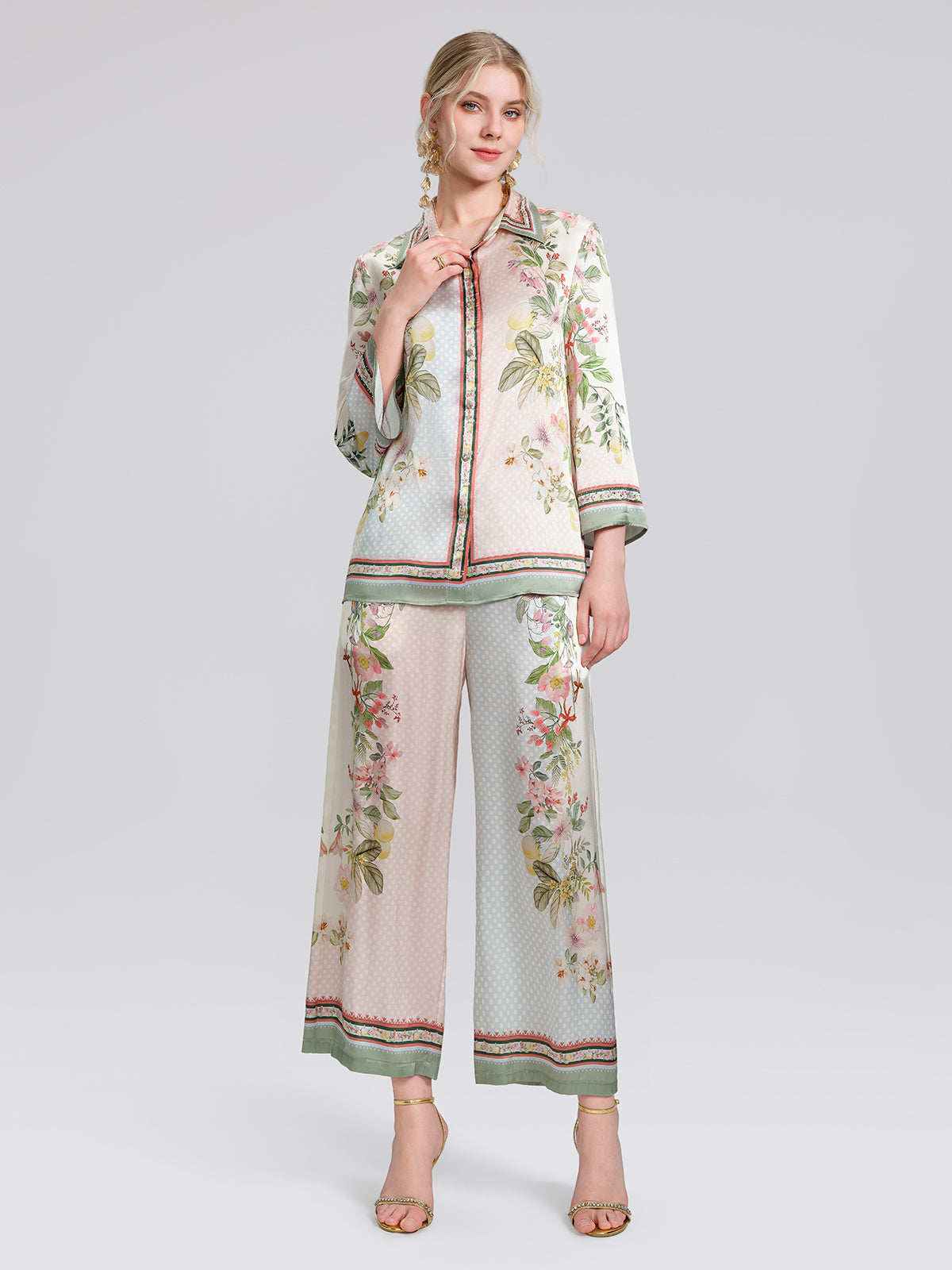 100% Silk Vintage Print Three-Quarter Sleeve Shirt