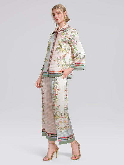 100% Silk Vintage Print Elastic Waist Cropped Wide-Leg Pants