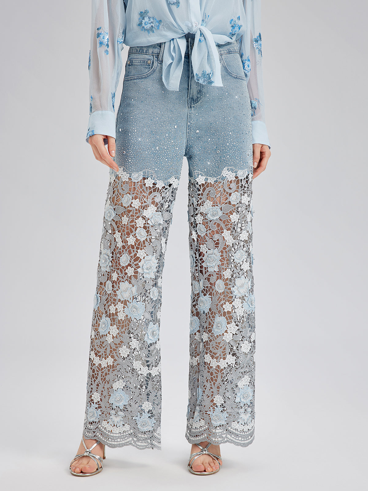 Elegant Rhinestone Lace Denim Jeans