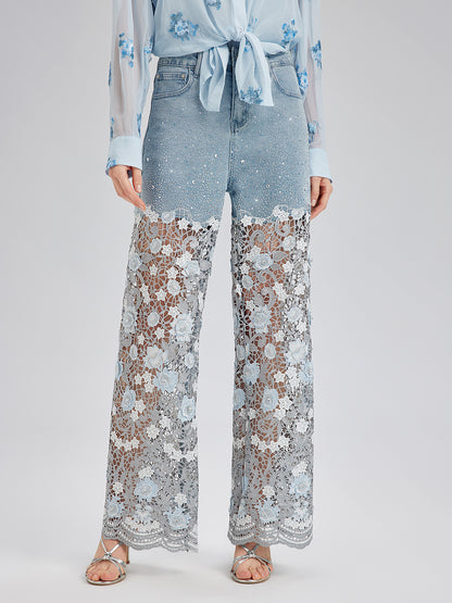 Elegant Rhinestone Lace Denim Jeans
