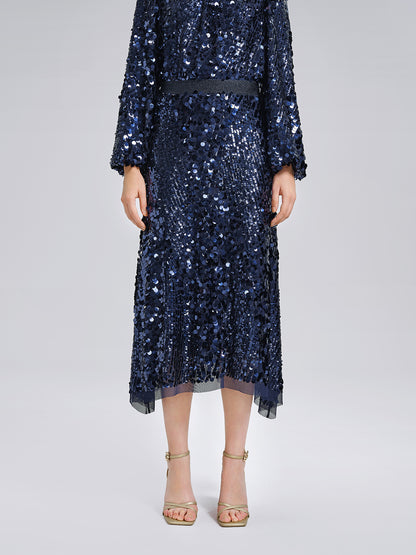 Fish-Scale Sequin Elastic-Waist Skirt