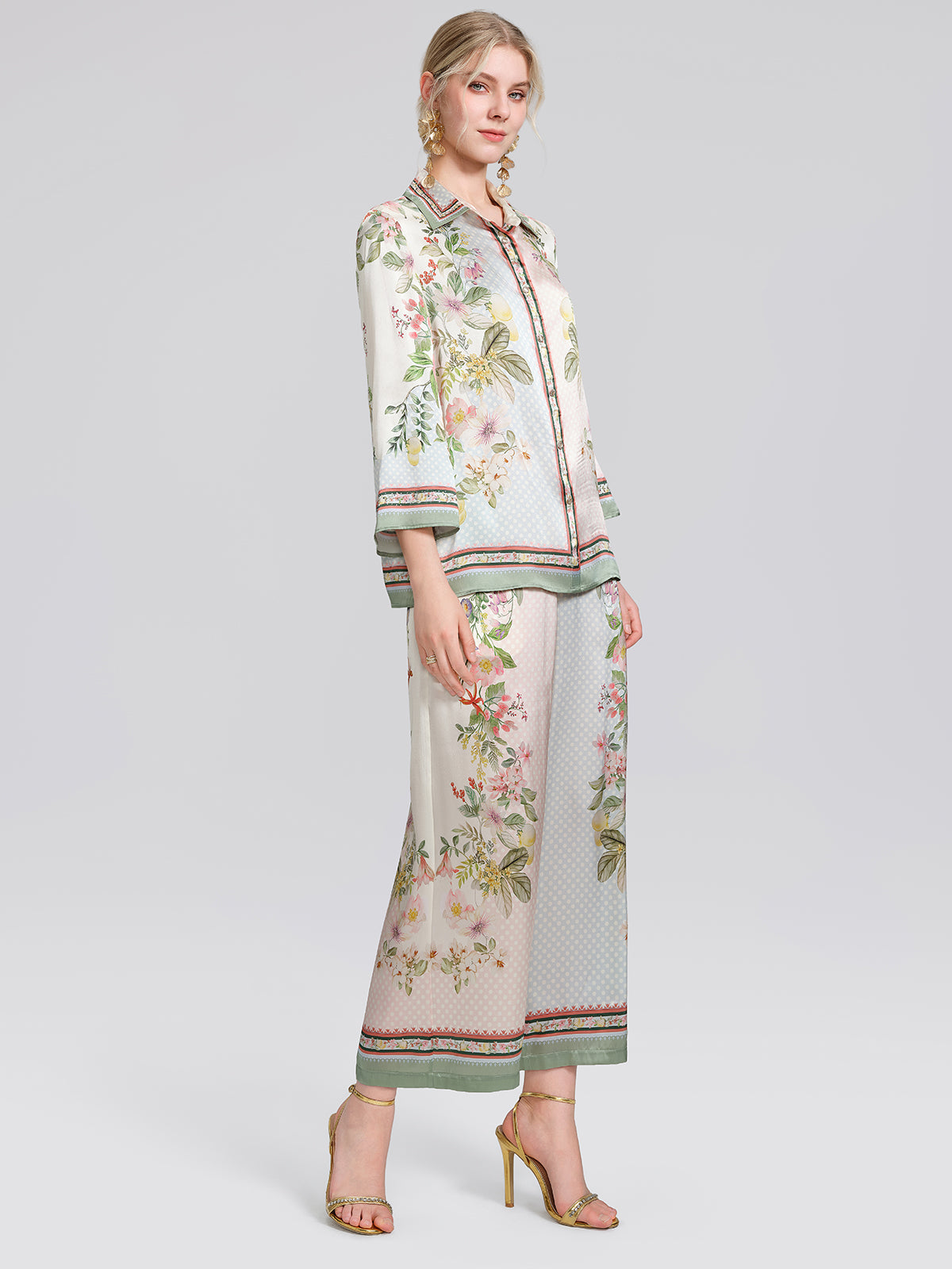 100% Silk Vintage Print Three-Quarter Sleeve Shirt