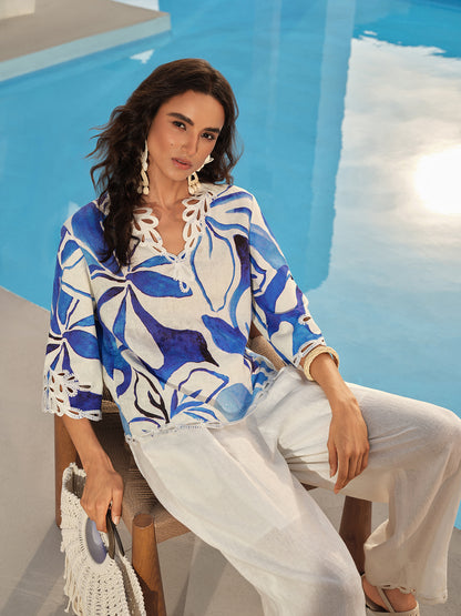 100% Linen Hand-Drawn Resort Print Embroidered Top