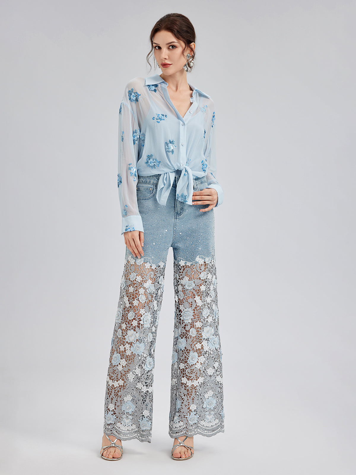 Elegant Rhinestone Lace Denim Jeans