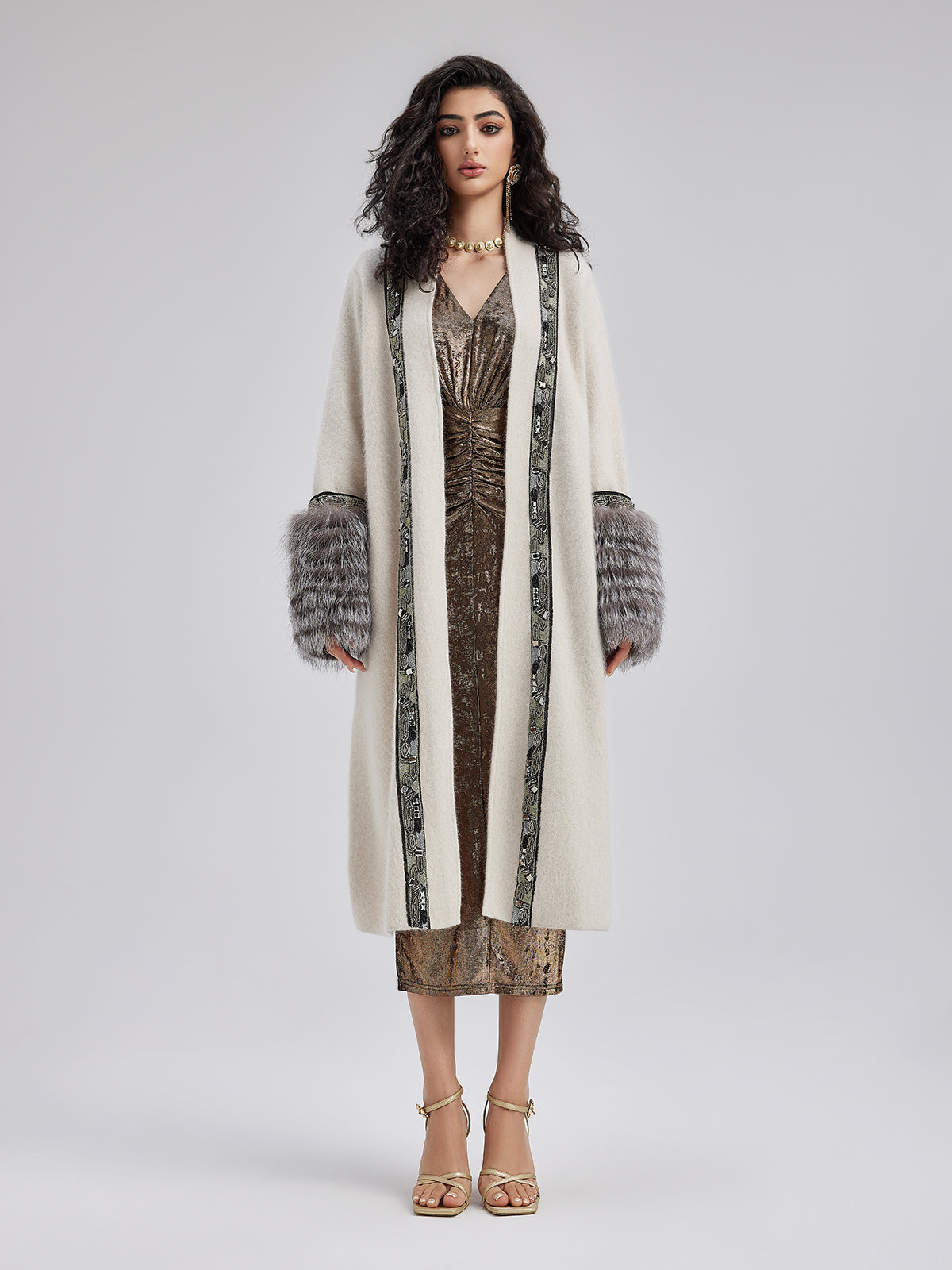 Detachable Glove Embroidered Beaded Coat