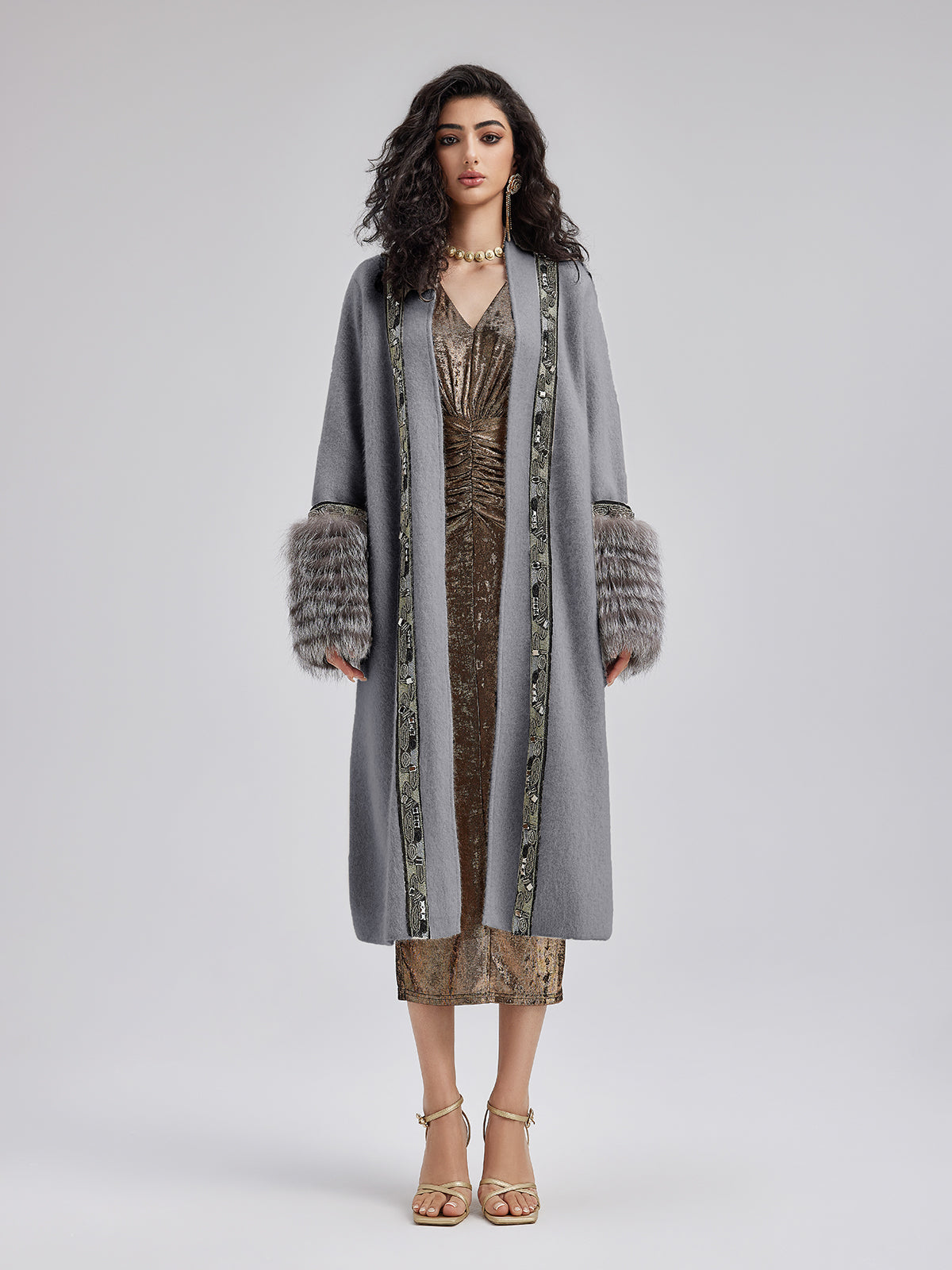 Detachable Glove Embroidered Beaded Coat