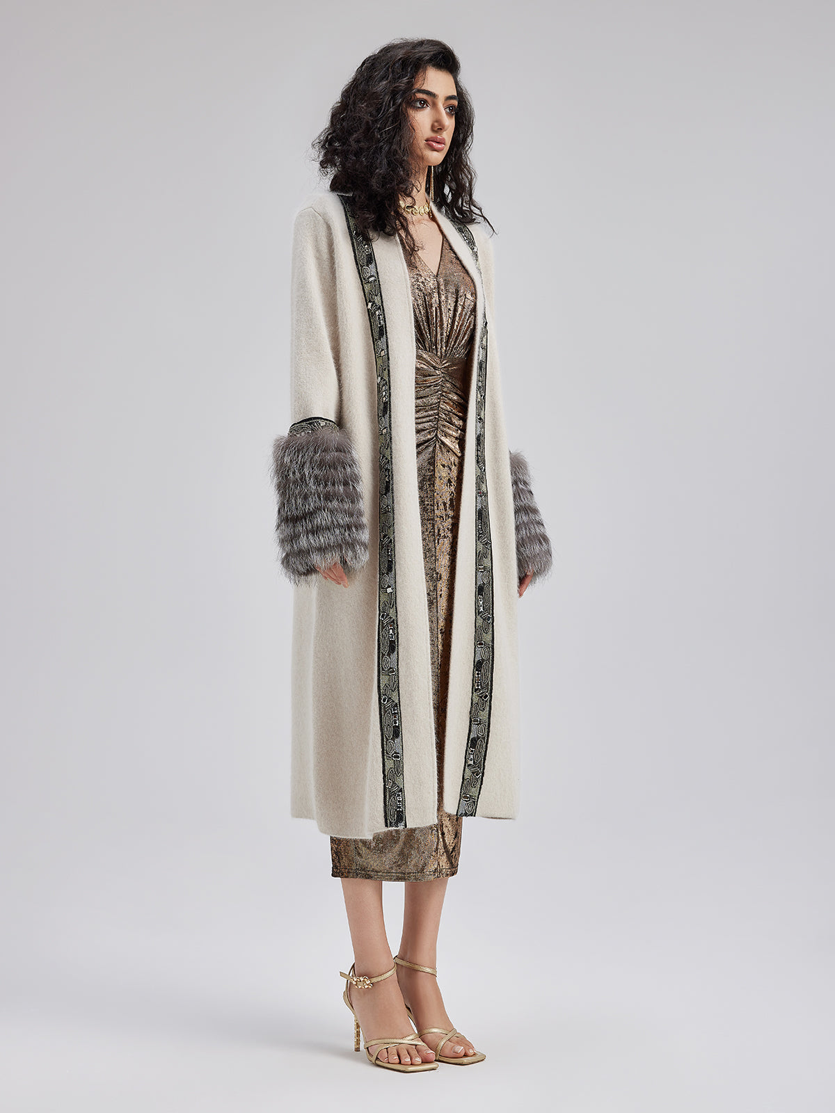 Detachable Glove Embroidered Beaded Coat