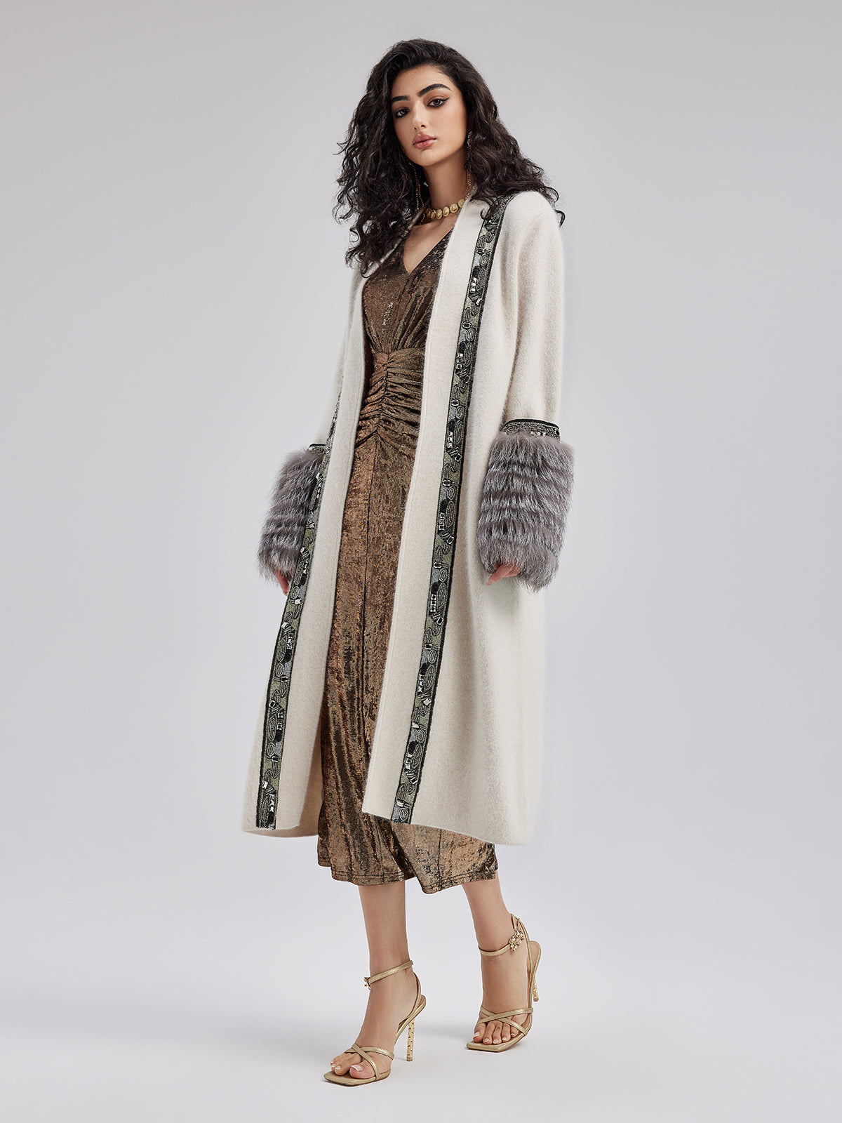 Detachable Glove Embroidered Beaded Coat