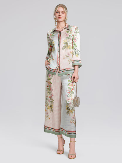 100% Silk Vintage Print Three-Quarter Sleeve Shirt