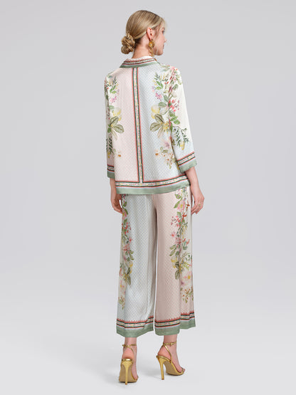 100% Silk Vintage Print Elastic Waist Cropped Wide-Leg Pants
