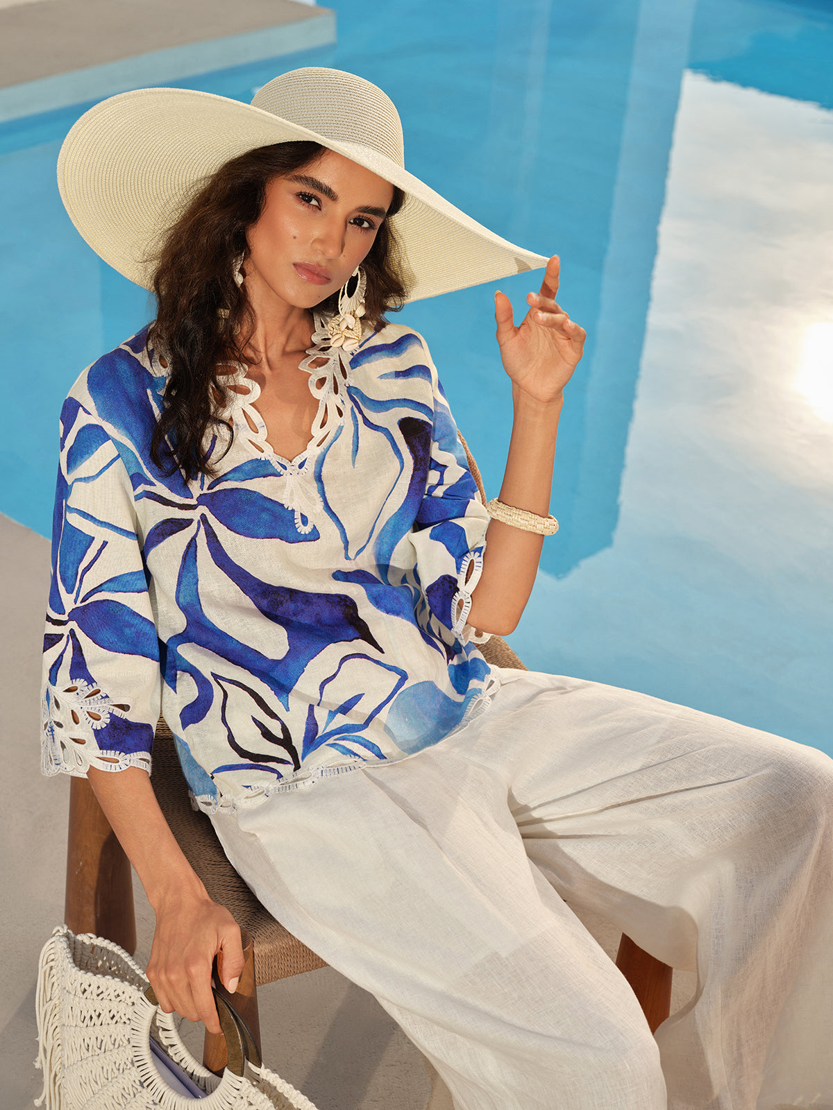 100% Linen Hand-Drawn Resort Print Embroidered Top