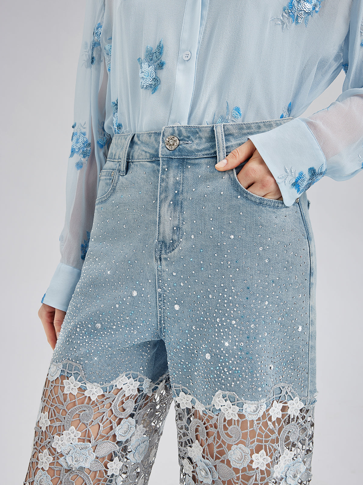 Final Sale | Elegant Rhinestone Lace Denim Jeans