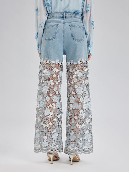 Elegant Rhinestone Lace Denim Jeans