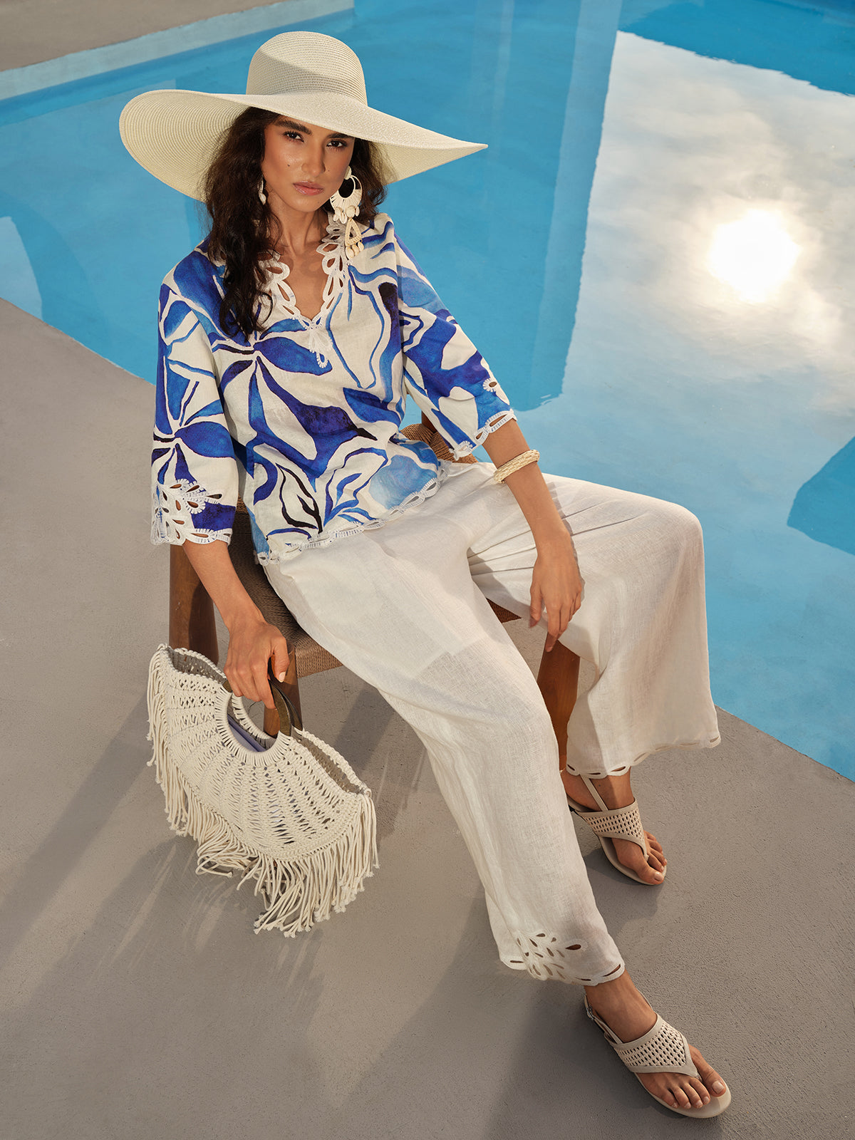 100% Linen Hand-Drawn Resort Print Embroidered Top