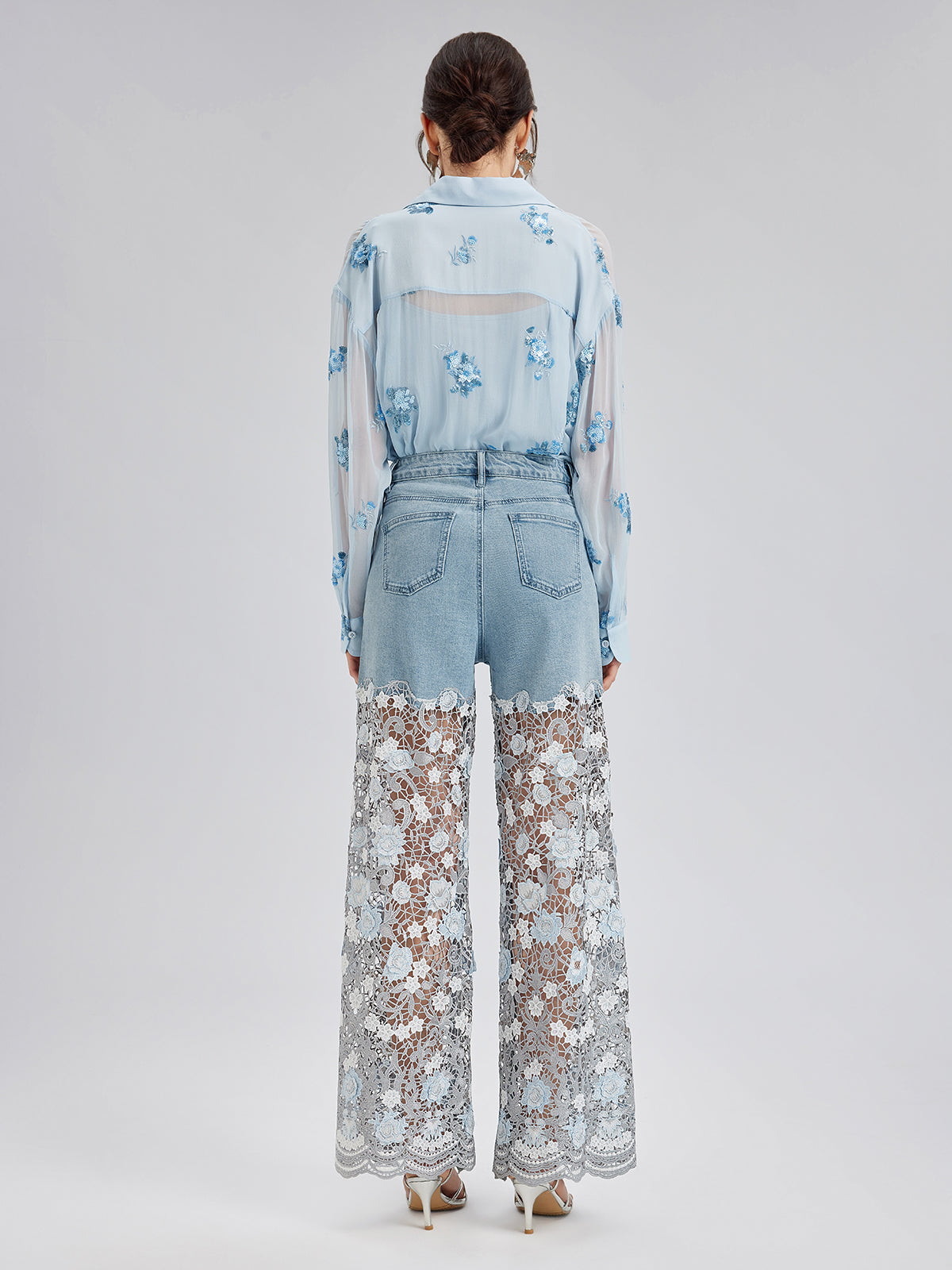 Elegant Rhinestone Lace Denim Jeans